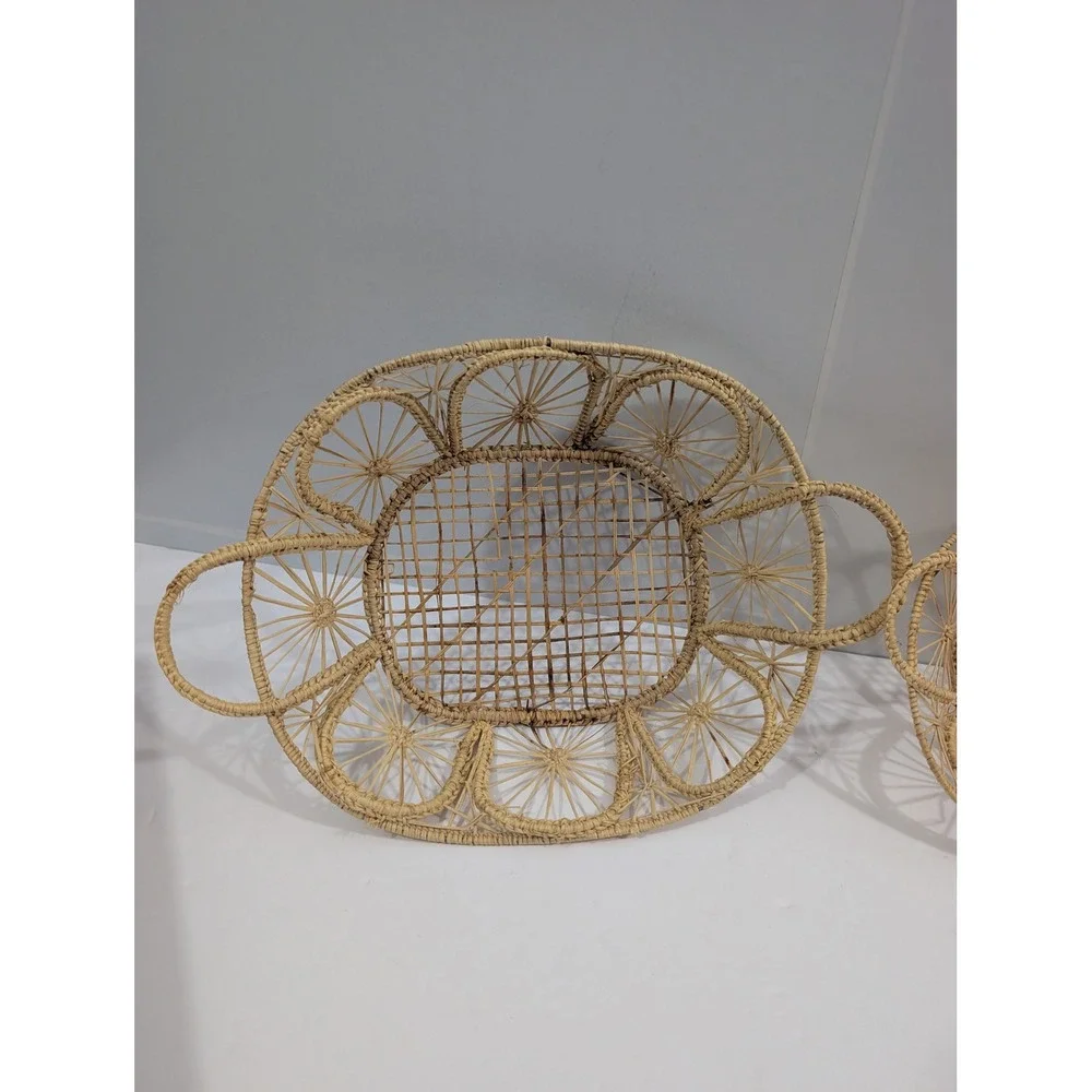 Vintage Boho Wicker Rattan Petal Baskets Set of 2 Natural Straw Trays Handles